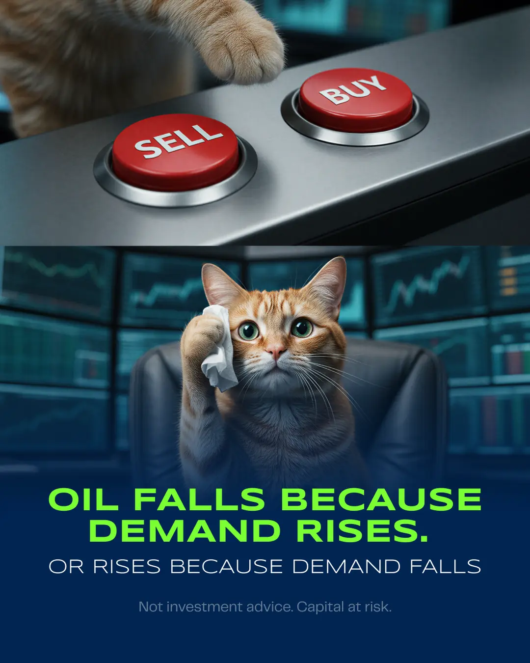 Oil market meme post with a trading cat